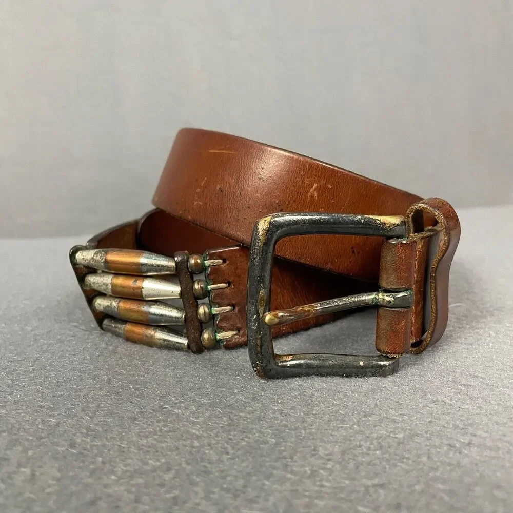 VTG Waist Belt Medium Brown Leather Metal Beaded Accents Cowboy Western